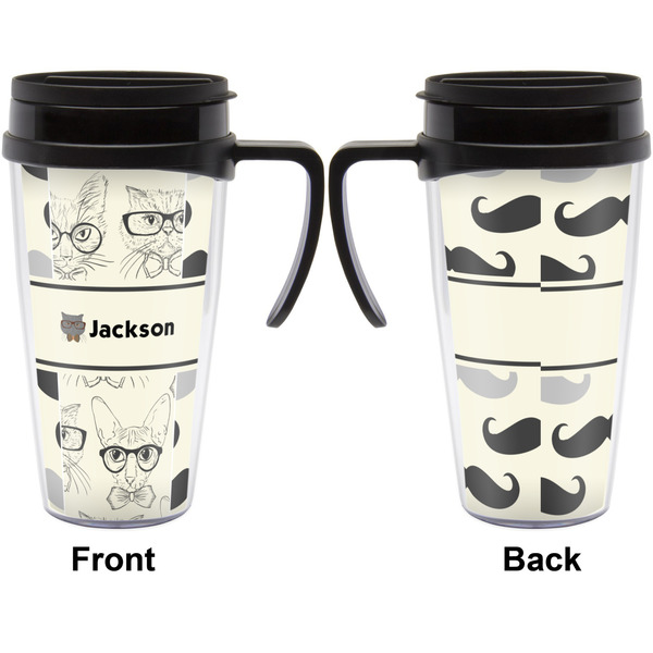 Hipster Cats & Mustache Travel Mug with Black Handle - Approval