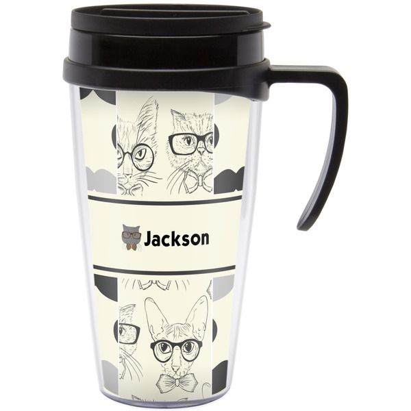 Custom Hipster Cats & Mustache Acrylic Travel Mug with Handle (Personalized)