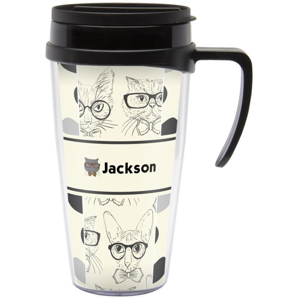 Custom Hipster Cats & Mustache Acrylic Travel Mug with Handle (Personalized)