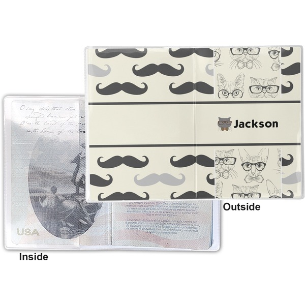 Hipster Cats & Mustache Vinyl Passport Holder - Flat Front and Back