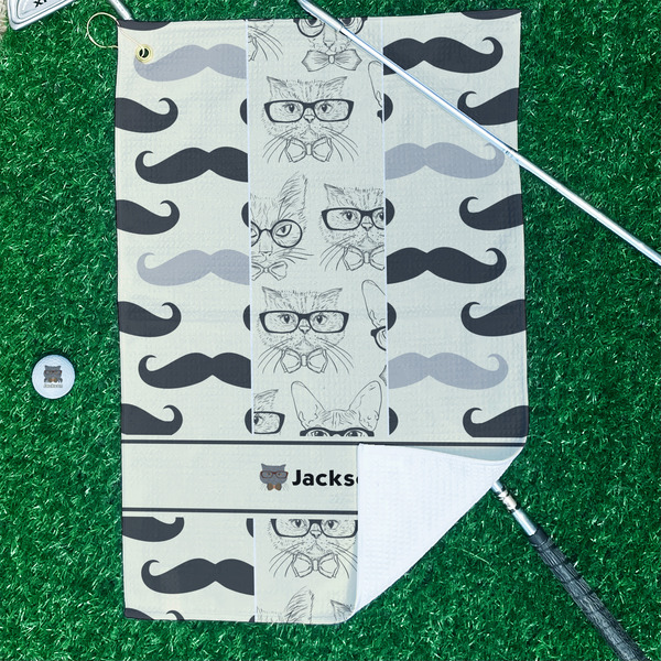 Hipster Cats & Mustache Waffle Weave Golf Towel - In Context