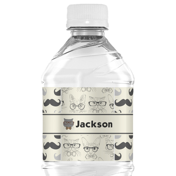 Custom Hipster Cats & Mustache Water Bottle Labels - Custom Sized (Personalized)