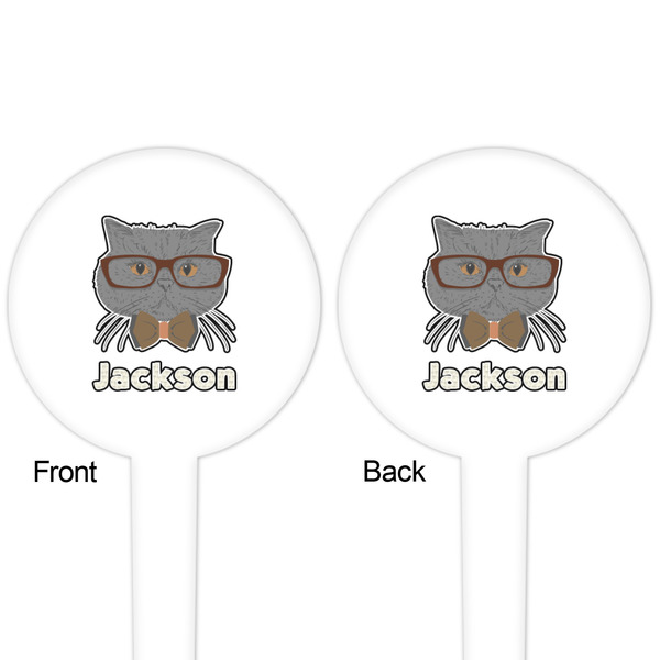Hipster Cats & Mustache White Plastic 4" Food Pick - Round - Double Sided - Front & Back