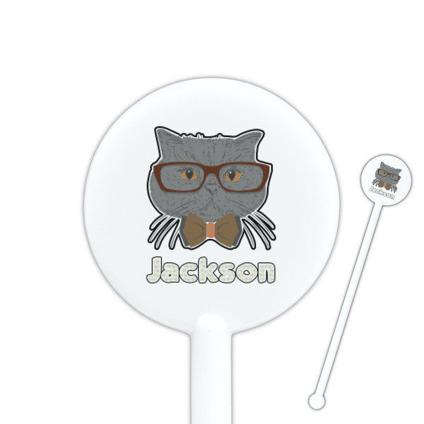 Custom Hipster Cats & Mustache 5.5" Round Plastic Stir Sticks - White - Single Sided (Personalized)