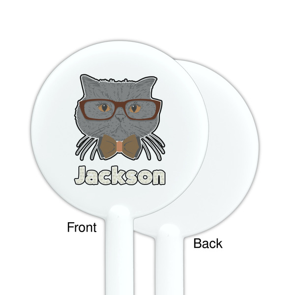 Hipster Cats & Mustache White Plastic 5.5" Stir Stick - Single Sided - Round - Front & Back