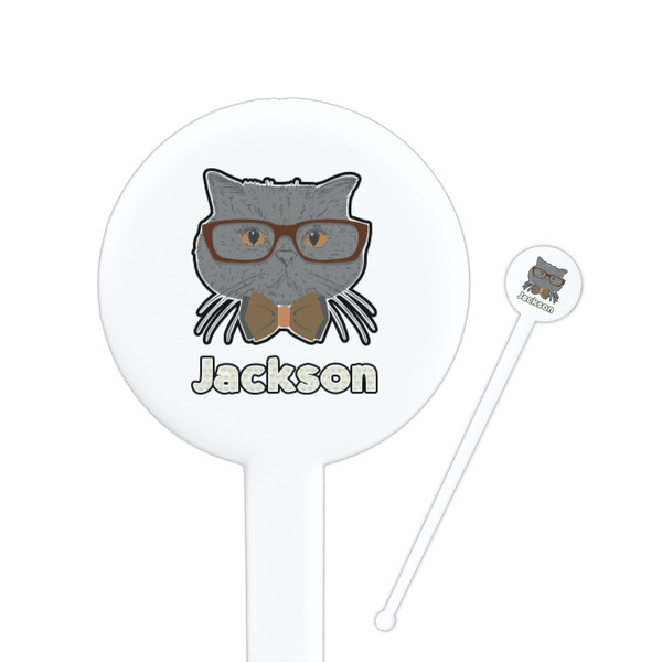 Custom Hipster Cats & Mustache 7" Round Plastic Stir Sticks - White - Single Sided (Personalized)
