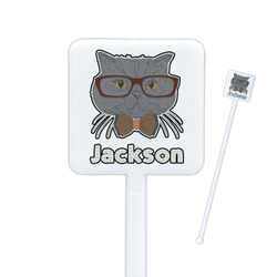 Hipster Cats & Mustache Square Plastic Stir Sticks - Single Sided (Personalized)