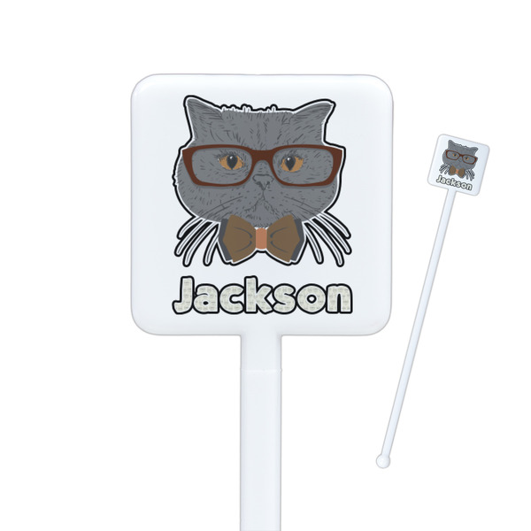 Custom Hipster Cats & Mustache Square Plastic Stir Sticks - Single Sided (Personalized)