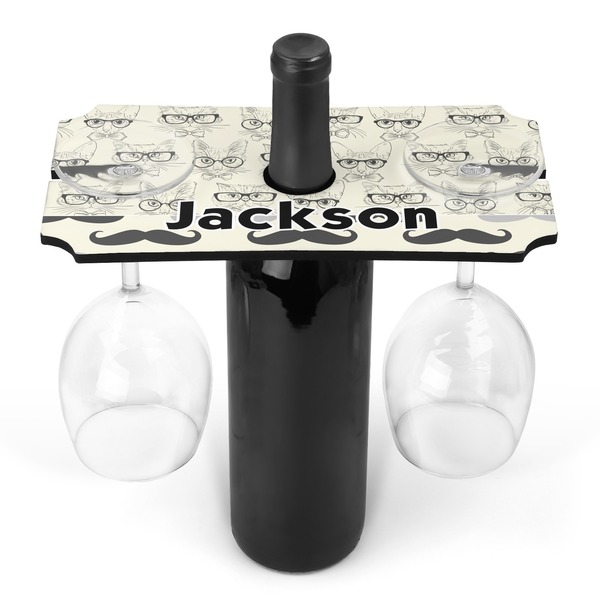Custom Hipster Cats & Mustache Wine Bottle & Glass Holder (Personalized)