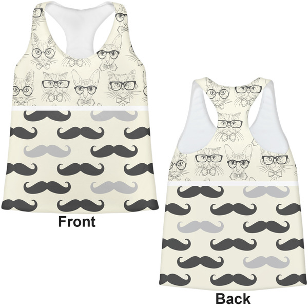 Hipster Cats & Mustache Womens Racerback Tank Tops - Medium - Front and Back