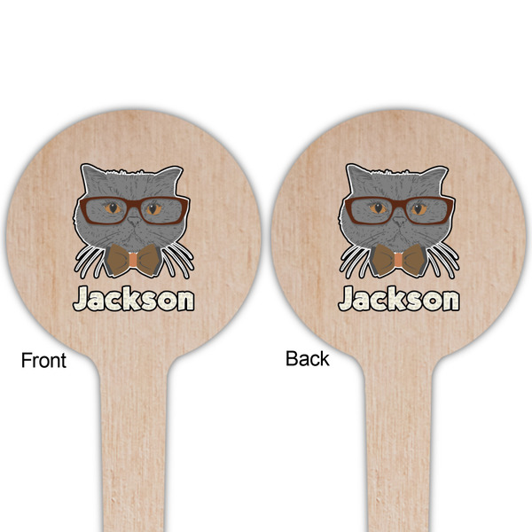 Hipster Cats & Mustache Wooden 4" Food Pick - Round - Double Sided - Front & Back