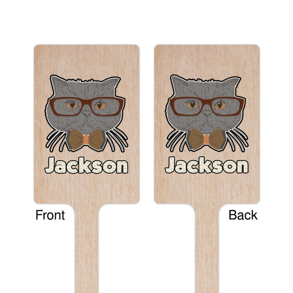 Hipster Cats & Mustache Wooden 6.25" Stir Stick - Rectangular - Double Sided - Front & Back