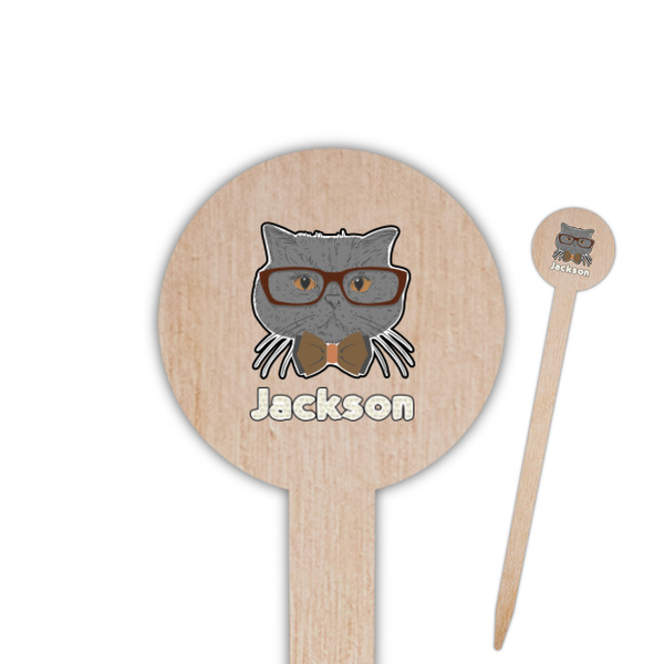 Custom Hipster Cats & Mustache 6" Round Wooden Food Picks - Single Sided (Personalized)