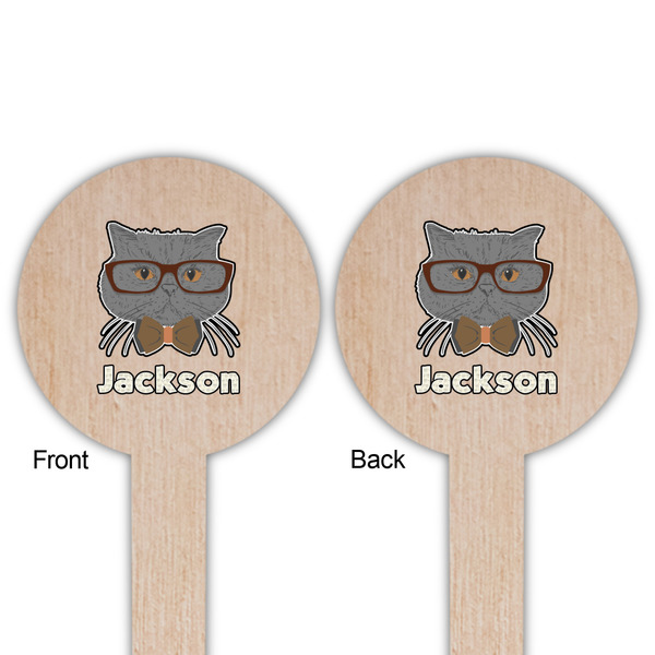 Hipster Cats & Mustache Wooden 6" Food Pick - Round - Double Sided - Front & Back
