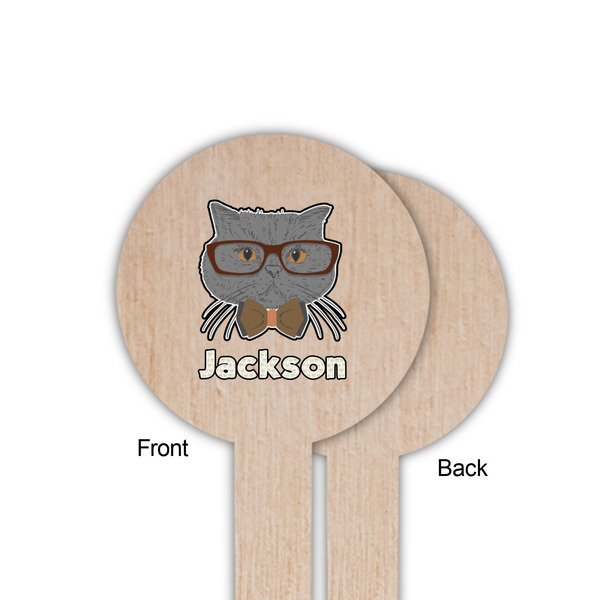 Hipster Cats & Mustache Wooden 6" Food Pick - Round - Single Sided - Front & Back
