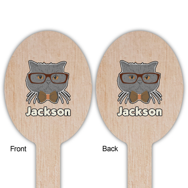 Hipster Cats & Mustache Wooden Food Pick - Oval - Double Sided - Front & Back