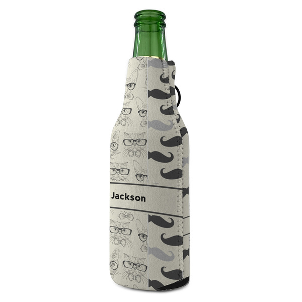 Hipster Cats & Mustache Zipper Bottle Cooler - ANGLE (bottle)