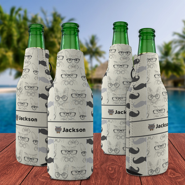 Hipster Cats & Mustache Zipper Bottle Cooler - Set of 4 - LIFESTYLE