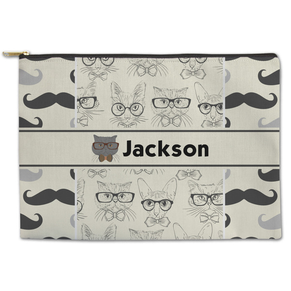 Custom Hipster Cats & Mustache Zipper Pouch - Large - 12.5"x8.5" (Personalized)
