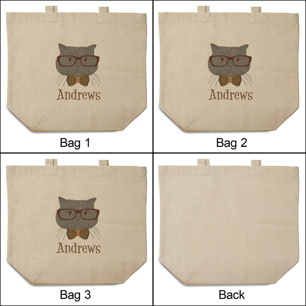 Hipster Cats 3 Reusable Cotton Grocery Bags - Front & Back View