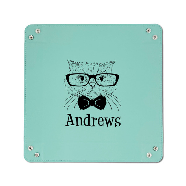 Hipster Cats 6" x 6" Teal Leatherette Snap Up Tray - APPROVAL
