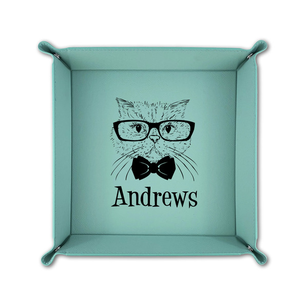 Hipster Cats 6" x 6" Teal Leatherette Snap Up Tray - FOLDED UP