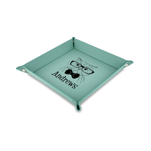 Custom Hipster Cats 6" x 6" Teal Faux Leather Valet Tray (Personalized)