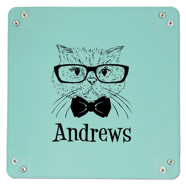 Hipster Cats 9" x 9" Teal Leatherette Snap Up Tray - APPROVAL