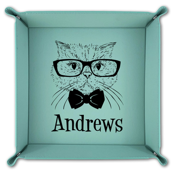Hipster Cats 9" x 9" Teal Leatherette Snap Up Tray - FOLDED