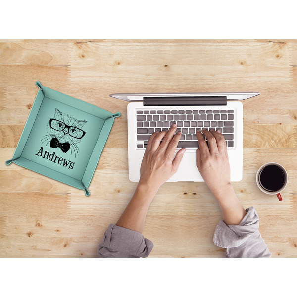 Hipster Cats 9" x 9" Teal Leatherette Snap Up Tray - LIFESTYLE