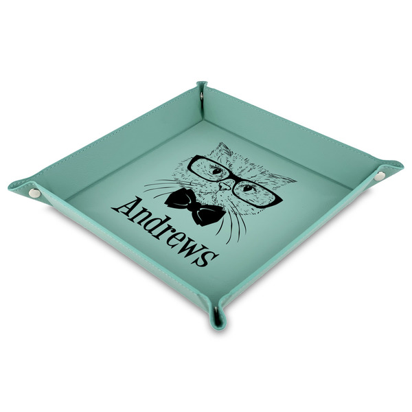 Custom Hipster Cats 9" x 9" Teal Faux Leather Valet Tray (Personalized)
