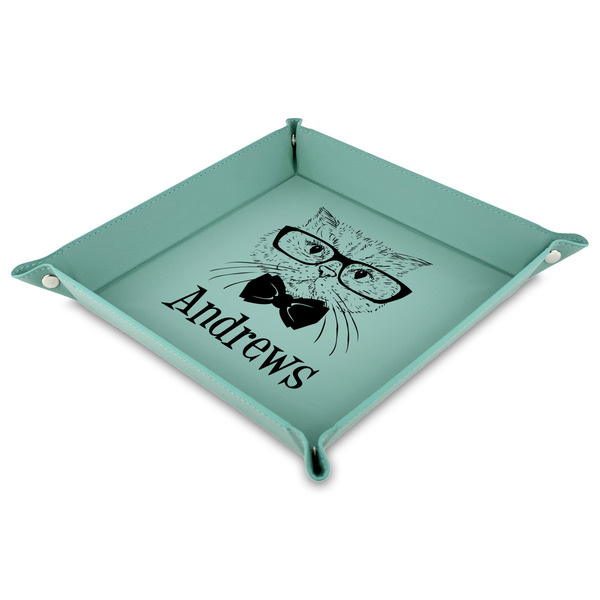 Custom Hipster Cats Faux Leather Dice Tray - 9" x 9"  - Teal (Personalized)
