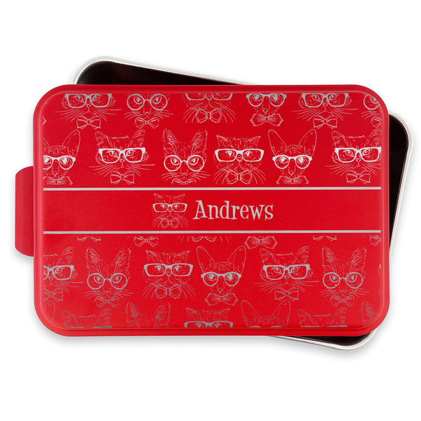 Hipster Cats Aluminum Baking Pan - Red Lid - FRONT w/lif off