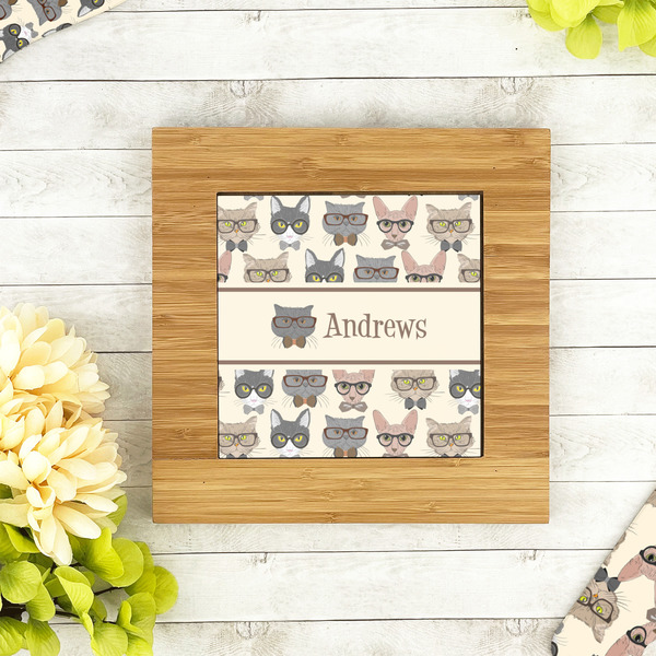 Hipster Cats Bamboo Trivet with 6" Tile - LIFESTYLE