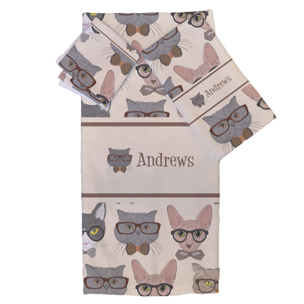 Custom Hipster Cats Bath Towel Set - 3 Pcs (Personalized)
