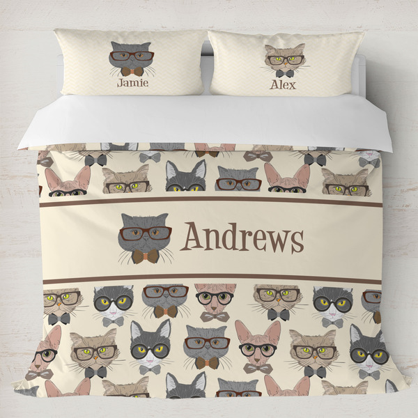 Custom Hipster Cats Duvet Cover Set - King (Personalized)