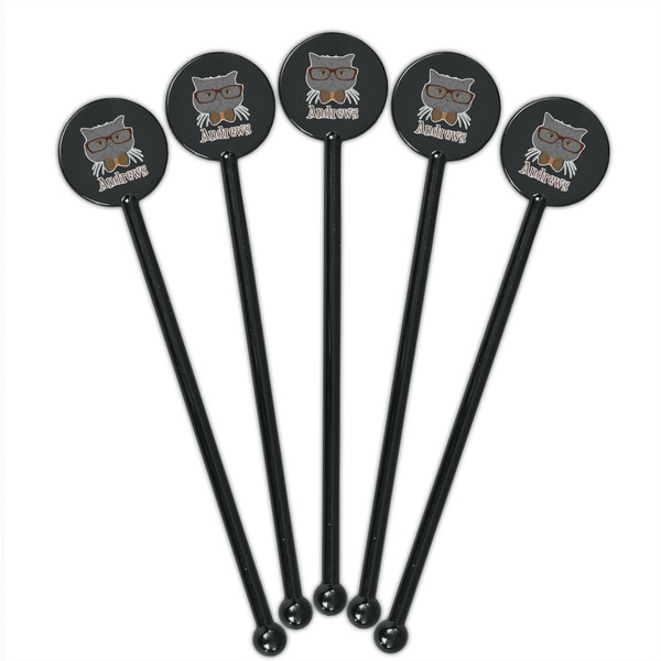 Hipster Cats Black Plastic 5.5" Stir Stick - Round - Fan View