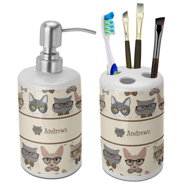 Custom Hipster Cats Ceramic Bathroom Accessories Set (Personalized)