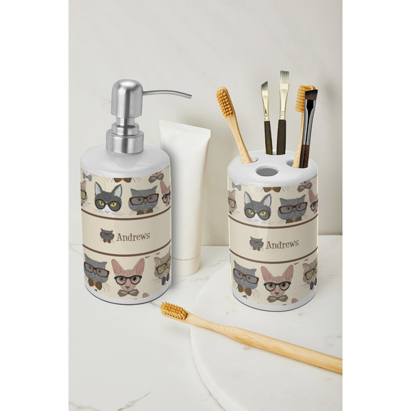 Hipster Cats Ceramic Bathroom Accessories - LIFESTYLE (toothbrush holder & soap dispenser)