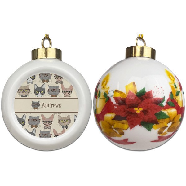 Hipster Cats Ceramic Christmas Ornament - Poinsettias (APPROVAL)