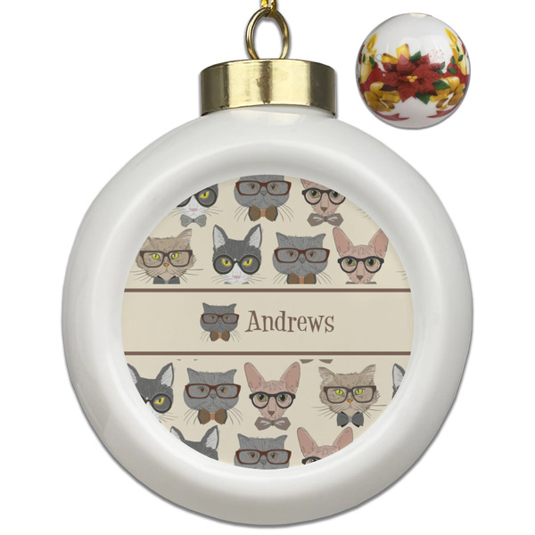 Custom Hipster Cats Ceramic Ball Ornaments - Poinsettia Garland (Personalized)