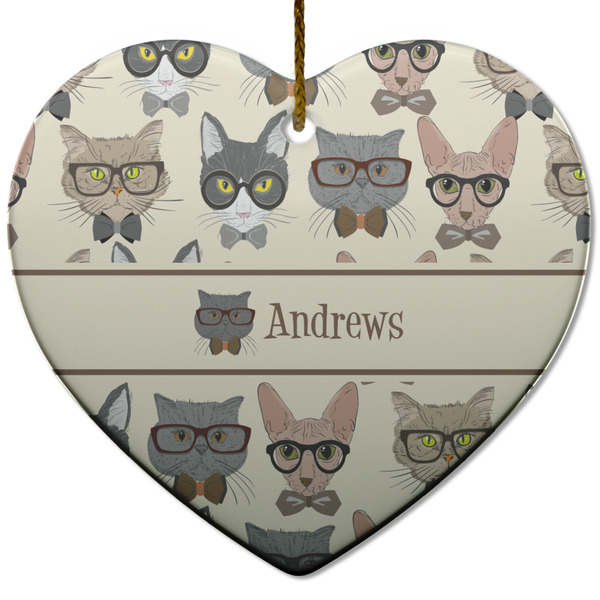 Custom Hipster Cats Heart Ceramic Ornament w/ Name or Text