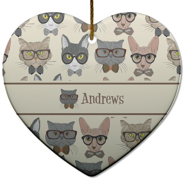 Hipster Cats Ceramic Flat Ornament - Heart (Front)