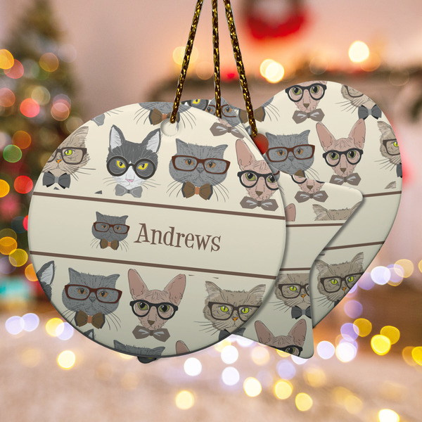 Custom Hipster Cats Ceramic Ornament w/ Name or Text
