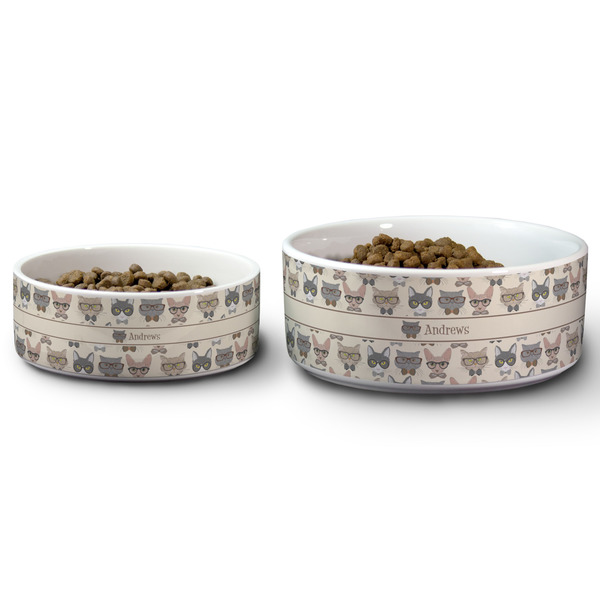 Hipster Cats Ceramic Dog Bowls - Size Comparison
