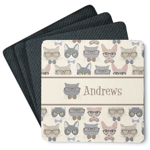 Custom Hipster Cats Square Rubber Backed Coasters - Set of 4 (Personalized)