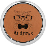 Hipster Cats Leatherette Round Coaster w/ Silver Edge (Personalized)