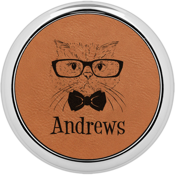 Custom Hipster Cats Leatherette Round Coaster w/ Silver Edge - Single or Set (Personalized)