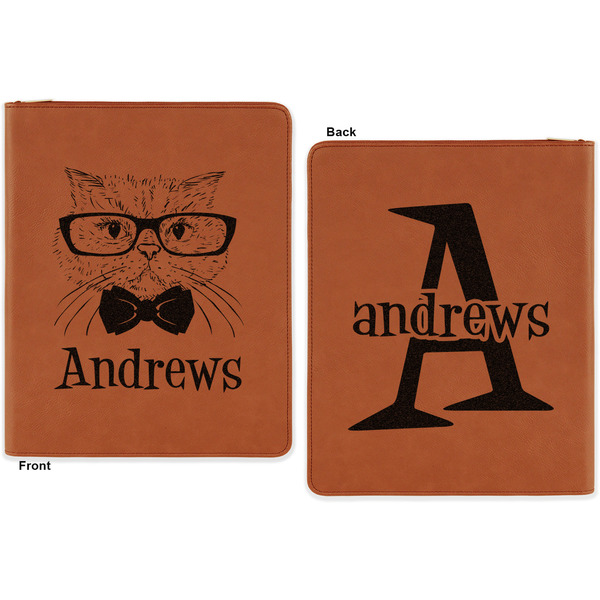 Hipster Cats Cognac Leatherette Zipper Portfolios with Notepad - Double Sided - Apvl
