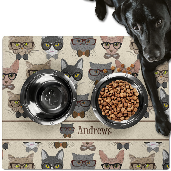 Custom Hipster Cats Dog Food Mat - Large w/ Name or Text
